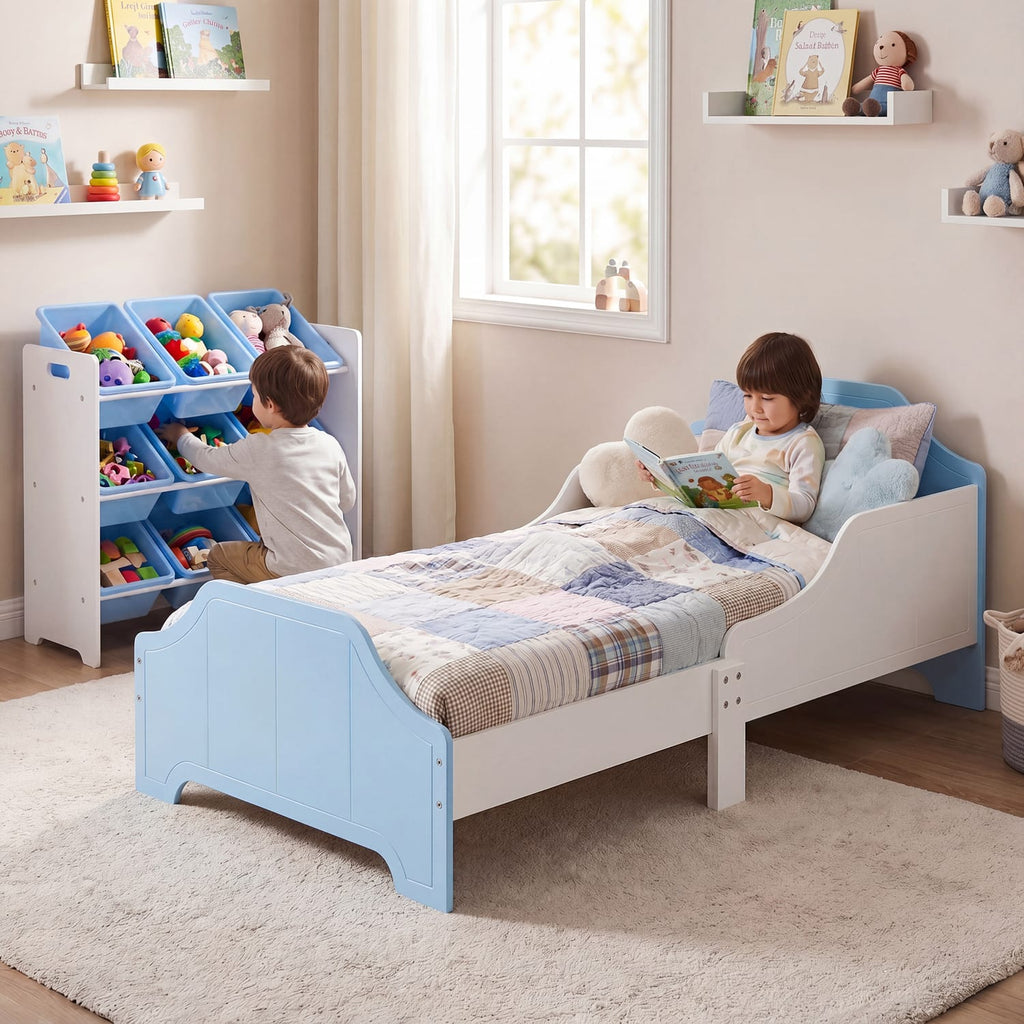 Liberty House Toys Two Tone Toddler Bed and 9 Bin Storage Unit Set - White & Blue, product image 6