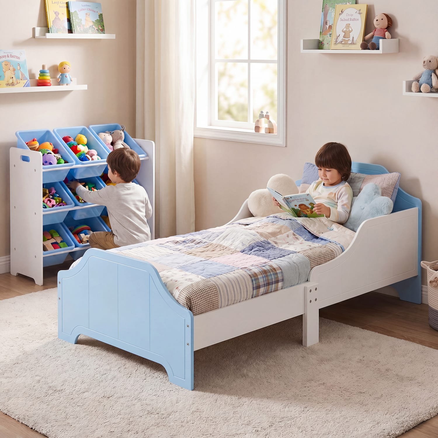 Liberty House Toys Two Tone Toddler Bed and 9 Bin Storage Unit Set - White & Blue, product image 6