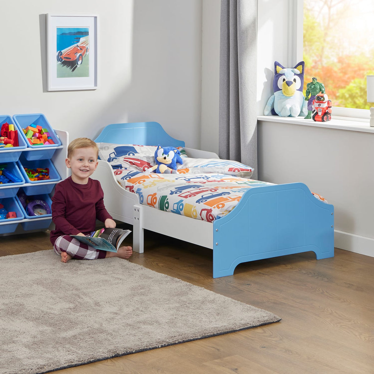 Liberty House Toys Two Tone Toddler Bed and 9 Bin Storage Unit Set - White & Blue, product image 4