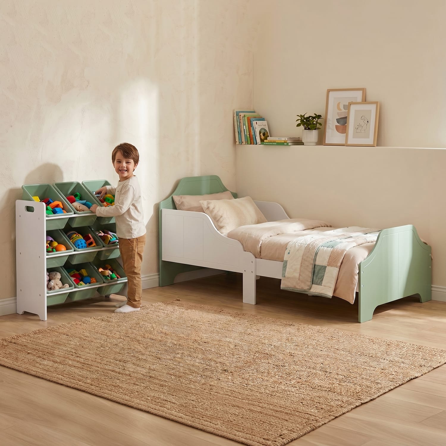 Liberty House Toys Two Tone Bed & 9 Bin Storage Set - White & Green, product image 4