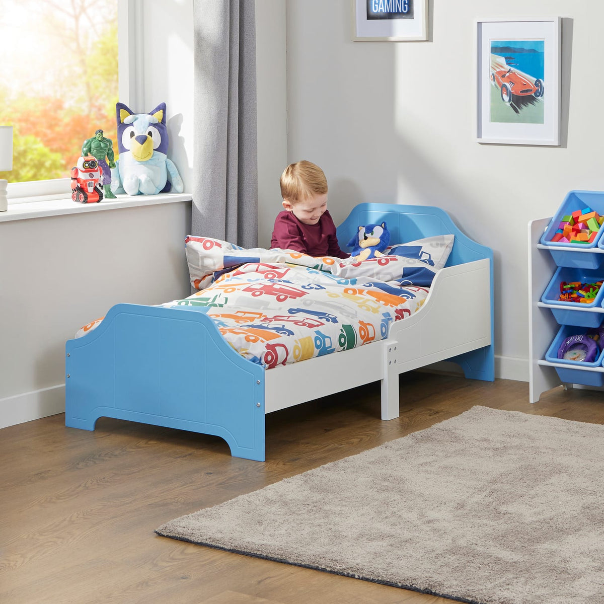 Liberty House Toys Two Tone Toddler Bed and 9 Bin Storage Unit Set - White & Blue, product image 3