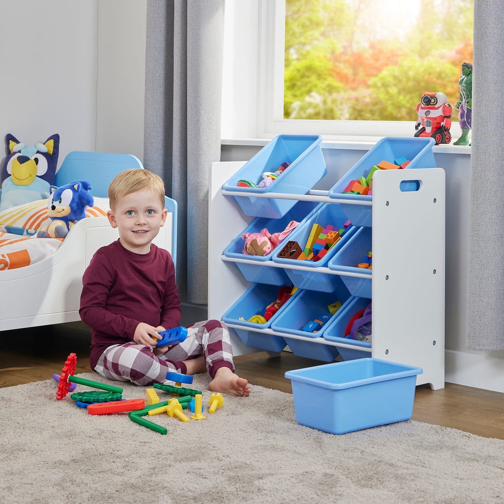 Liberty House Toys Two Tone Toddler Bed and 9 Bin Storage Unit Set - White & Blue, product image 5