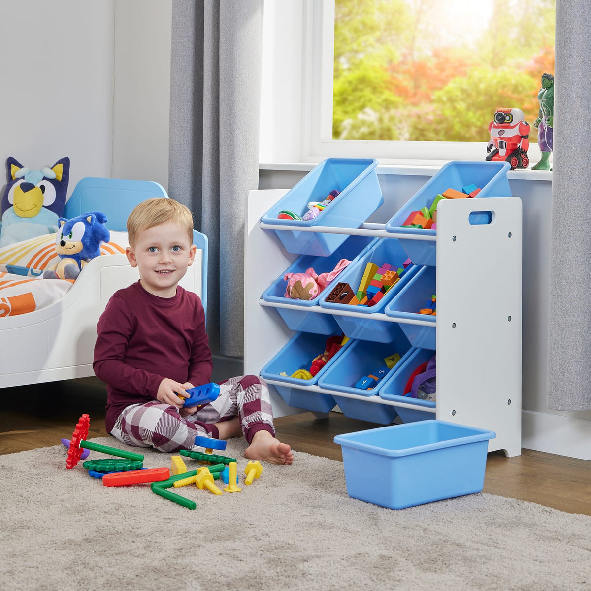 Liberty House Toys Two Tone Toddler Bed and 9 Bin Storage Unit Set - White & Blue, product image 5