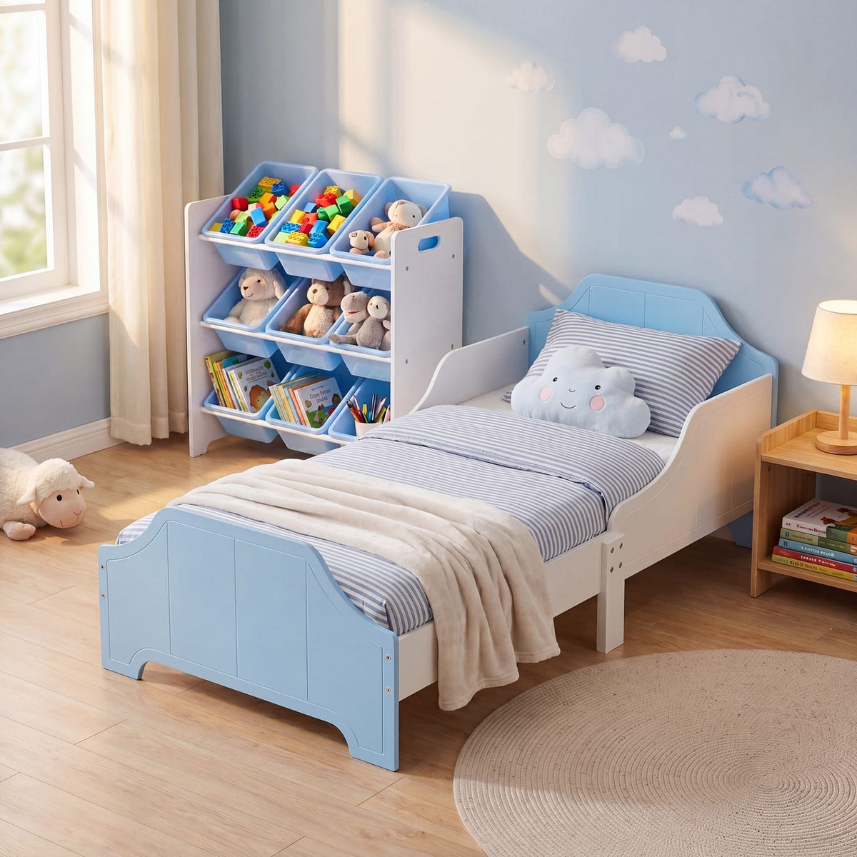 Liberty House Toys Two Tone Toddler Bed and 9 Bin Storage Unit Set - White & Blue