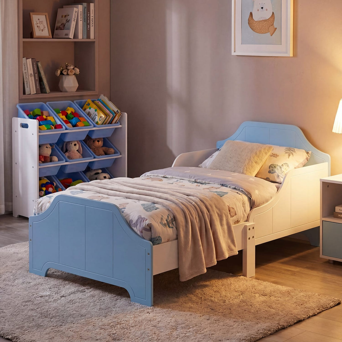 Liberty House Toys Two Tone Toddler Bed and 9 Bin Storage Unit Set - White & Blue, product image 2