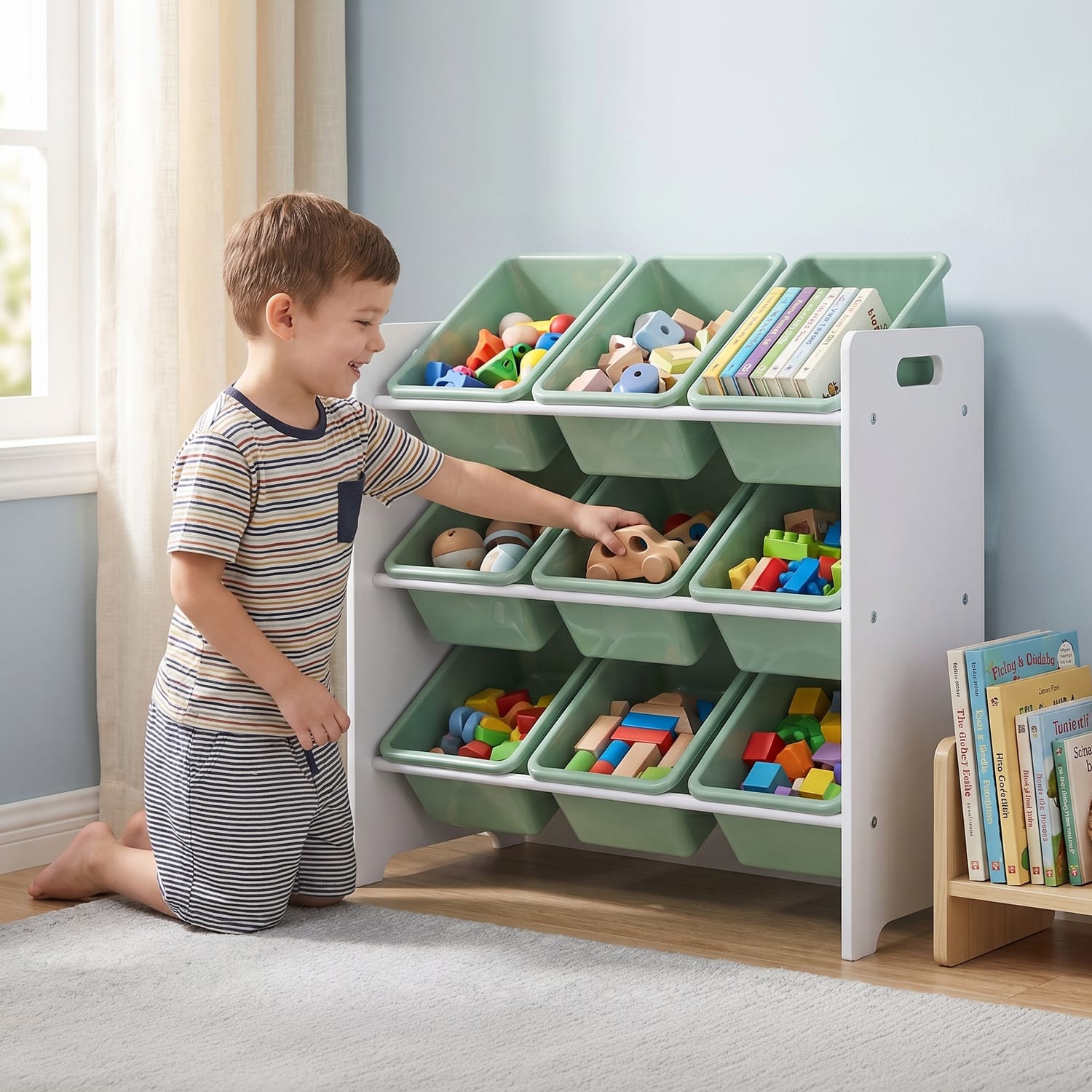 Liberty House Toys Two Tone Bed & 9 Bin Storage Set - White & Green, product image 5